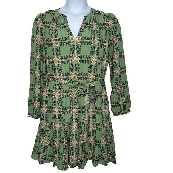 Loft Tiled Vine Godet Mini Dress Size L Green Floral Fit Flare Cottage - Picture 1 of 16